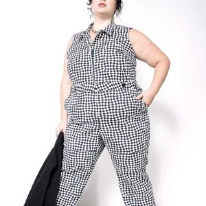 Wildfang Sleeveless, High Waisted Coveralls, navy and blue checkered, size L